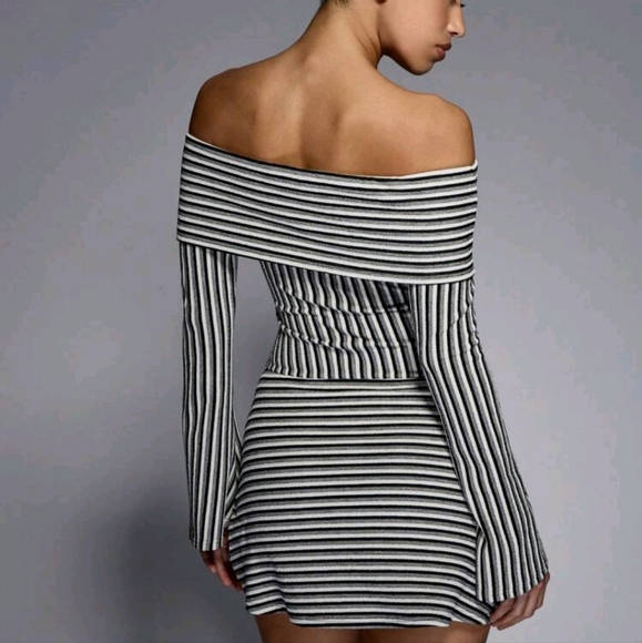 Striped Bardot Long Sleeve Mini Dress With Flippy Hem - Picture 2 of 4